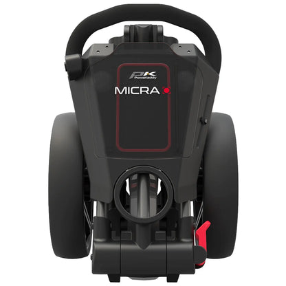 A compact golf trolley is positioned upright showcasing its rear view with a black and red design featuring large wheels and a handle for maneuvering in a golf course environment.
