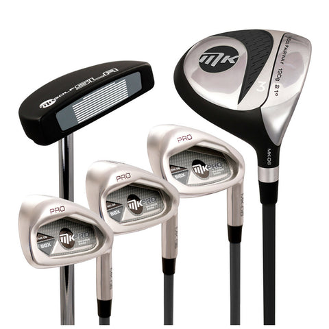 A set of golf clubs arranged displaying a putter and three iron clubs alongside a fairway wood the clubs have sleek metallic finishes and branding visible on their faces