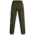 Elastic-waisted olive green pants are displayed standing upright with a smooth texture and black side panels suggesting athletic or casual wear in a neutral background.