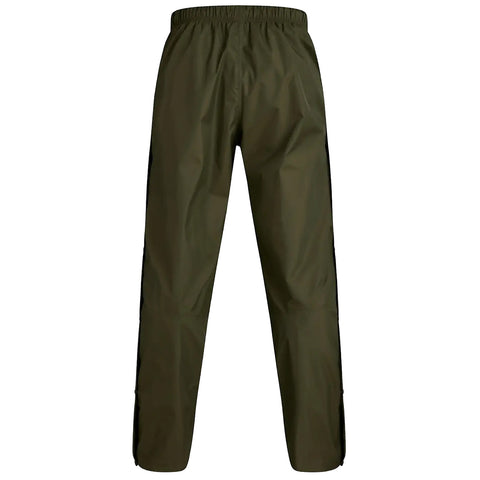 Elastic-waisted olive green pants are displayed standing upright with a smooth texture and black side panels suggesting athletic or casual wear in a neutral background.