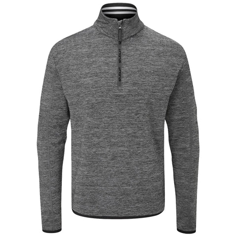 A gray pullover sweater with a quarter zipper is displayed. It has long sleeves and features a textured pattern on the fabric. The collar is slightly higher with a solid trim.