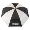 A black and white umbrella opens up displaying alternating sections of color showcasing the brand logo PRO-TEKT on its lower edge while set against a plain background.