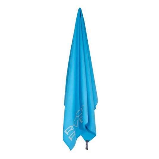 A blue towel is hanging vertically its fabric is smooth and slightly glossy it is used for drying off after water activities or workouts the background is plain white