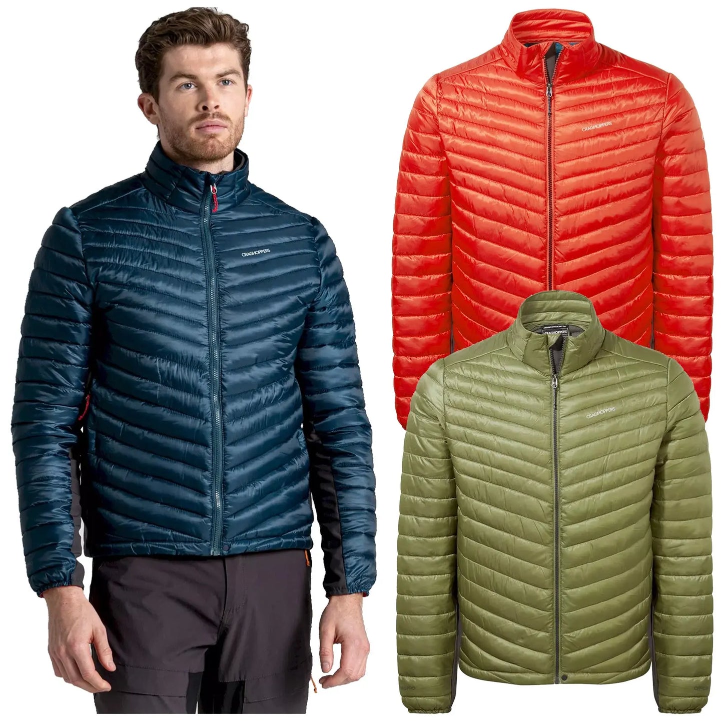 A man wearing a dark blue puffer jacket stands beside two additional jackets in red and green displayed vertically, showcasing lightweight outerwear options suitable for cold weather.