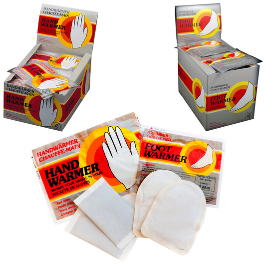 Boxes of hand and foot warmers are displayed with individual packets visible. The hand warmer packaging features a graphic of a hand and states it warms hands. The foot warmer packaging shows a foot graphic.