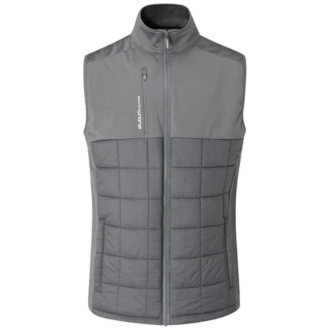 A gray sleeveless vest with a quilted lower section features a zip front and a high collar, designed for warmth and comfort in cooler environments. The vest includes a side pocket and branding on the front.