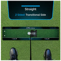 A golf training mat lies on a grass surface featuring markings indicating its purpose while a black shoe is positioned beside it indicating its use in practice sessions.