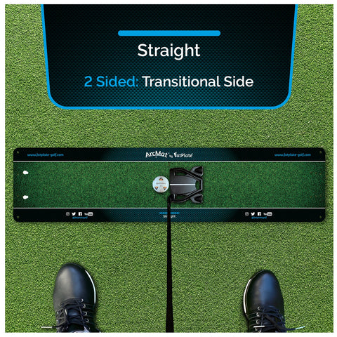 A golf training mat lies on a grass surface featuring markings indicating its purpose while a black shoe is positioned beside it indicating its use in practice sessions.