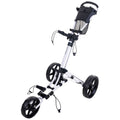 A golf push cart stands upright with three wheels and a handle. It features a mesh storage area and adjustable straps, designed for transporting golf bags on courses.