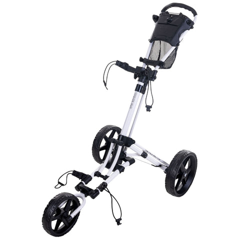 A golf push cart stands upright with three wheels and a handle. It features a mesh storage area and adjustable straps, designed for transporting golf bags on courses.