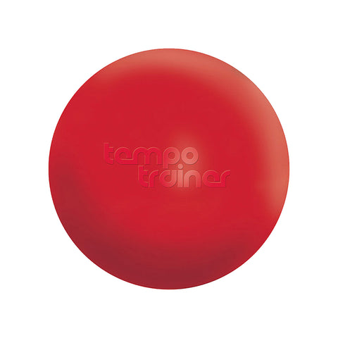A red spherical ball is displayed prominently on a plain white background emphasizing its smooth surface and logo which reads tempo trainer. The ball appears to be an athletic training tool.