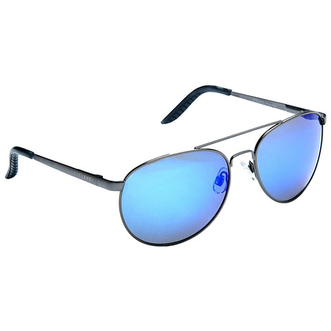 A pair of aviator sunglasses with blue reflective lenses rests at an angle the metallic frame is sleek and modern, designed for sun protection and style.