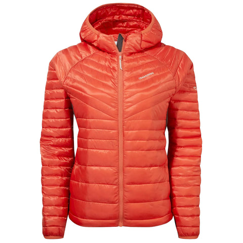 A vibrant red puffy jacket with a hood, featuring vertical and diagonal stitching patterns, is displayed frontally against a neutral background, showcasing its design and warmth suitability.