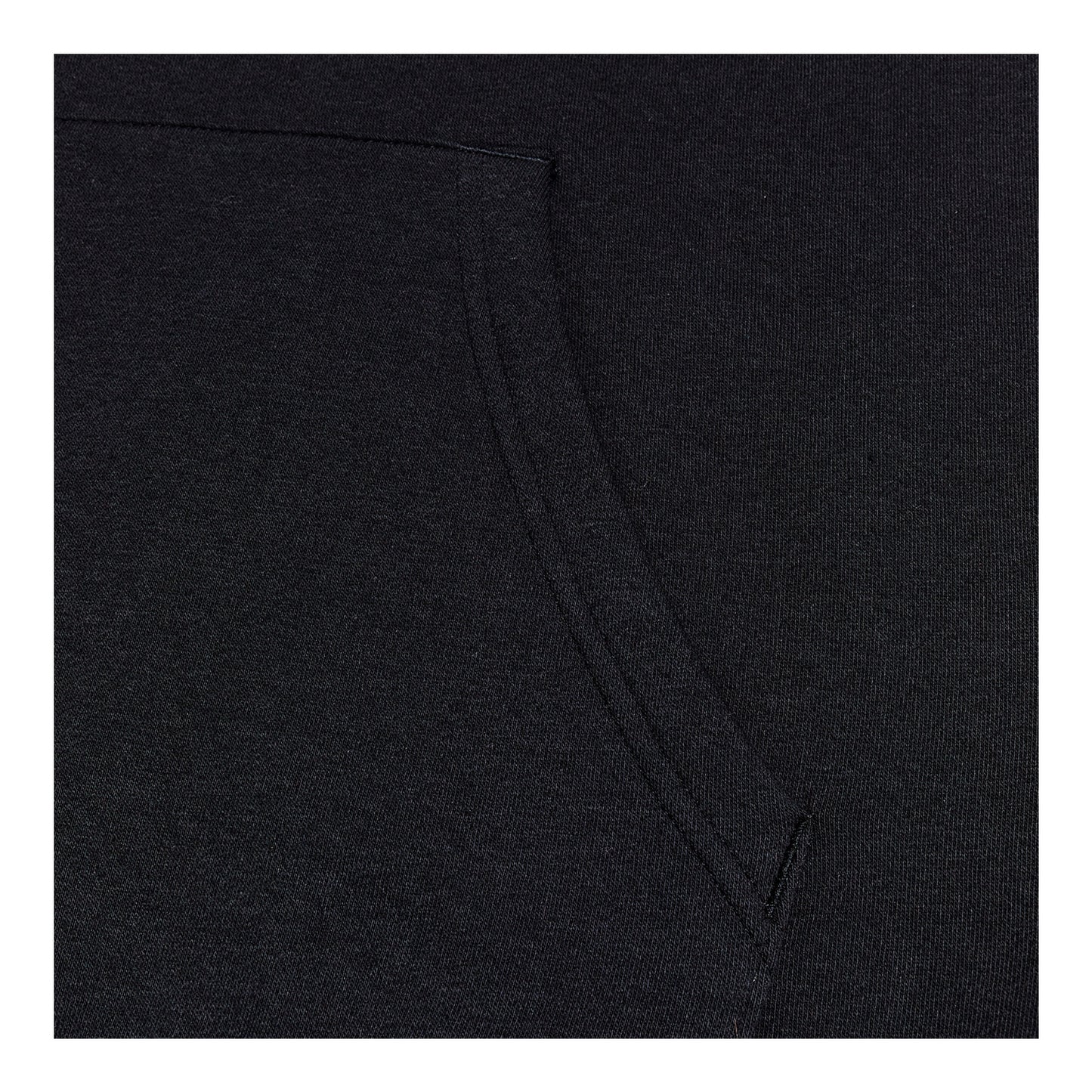 A black sweatshirt features a front pocket showing soft fabric with subtle texture details against a dark background suggesting warmth and casual wear suitable for everyday use.