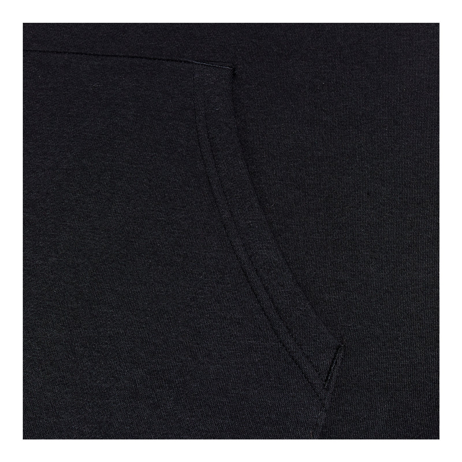 A black sweatshirt features a front pocket showing soft fabric with subtle texture details against a dark background suggesting warmth and casual wear suitable for everyday use.