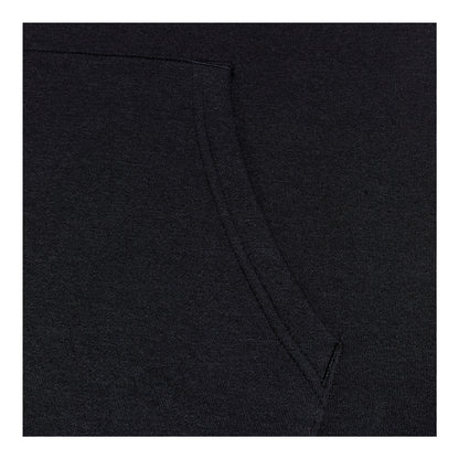 A black sweatshirt features a front pocket showing soft fabric with subtle texture details against a dark background suggesting warmth and casual wear suitable for everyday use.