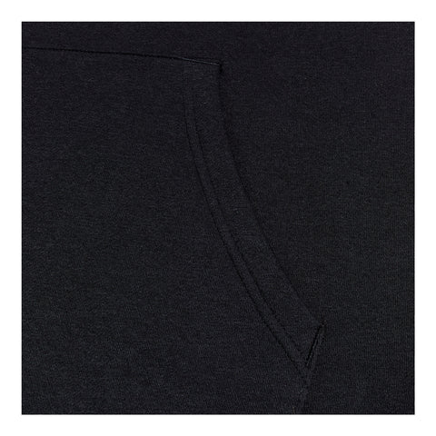 A black sweatshirt features a front pocket showing soft fabric with subtle texture details against a dark background suggesting warmth and casual wear suitable for everyday use.