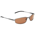 Sunglasses are resting horizontally with tinted brown lenses and a sleek silver frame with black accents in a neutral background setting, suggesting they are ready for outdoor use.