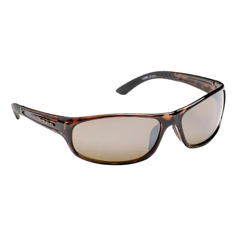 Sunglasses with a tortoiseshell frame and brown lenses rest on a plain background showcasing a sleek and sporty design suitable for outdoor activities.