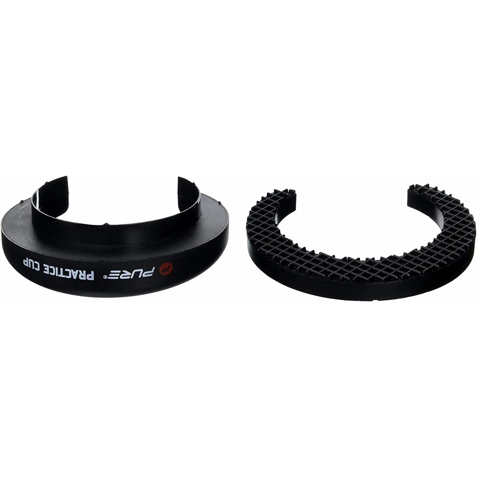 A black plastic lens hood and cap are displayed side by side with a matte finish and textured grip indicating their use for camera equipment in a photography context.