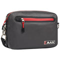 A gray carrying bag features a prominent red zipper and contrasting details with a brand label on one side and a detachable strap for convenience in various settings.