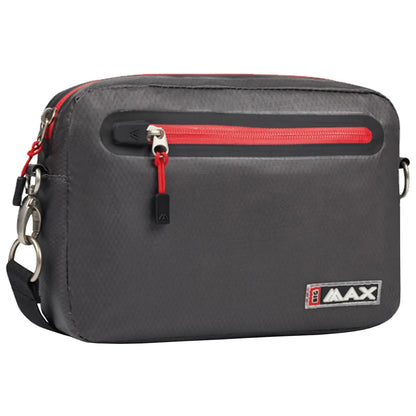 A gray carrying bag features a prominent red zipper and contrasting details with a brand label on one side and a detachable strap for convenience in various settings.