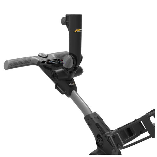 A black and gray device with a handlebar and control panel is positioned upright displaying controls for functionality in an environment suited for sport or recreational use.