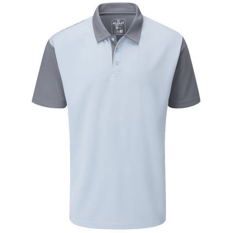 Polo shirt is light blue with gray sleeves and collar displayed upright without any visible person surrounding it showcasing a casual clothing style suitable for warm weather