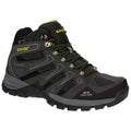 A black and gray hiking boot features waterproof material with a high ankle design. It has prominent lacing with bright green accents and a rugged sole suitable for outdoor terrain.