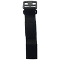 A black strap made of durable fabric features a sturdy plastic buckle at the top and a Velcro section at the bottom designed for fastening or securing items.