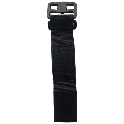 A black strap made of durable fabric features a sturdy plastic buckle at the top and a Velcro section at the bottom designed for fastening or securing items.