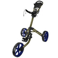 A golf push cart with three large wheels is positioned upright displaying an olive green frame and a black handle while resting on a white background.