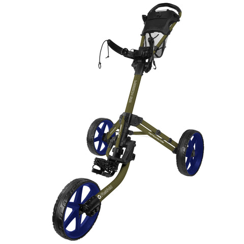 A golf push cart with three large wheels is positioned upright displaying an olive green frame and a black handle while resting on a white background.