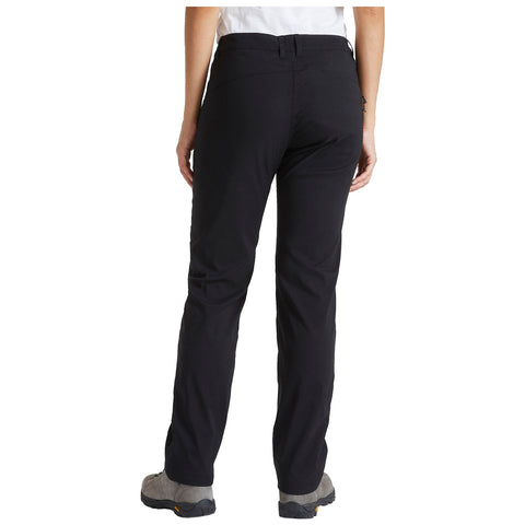 A person stands with their back to the viewer wearing black pants and gray footwear in a neutral setting highlighting the clothing details and fit without any additional context.