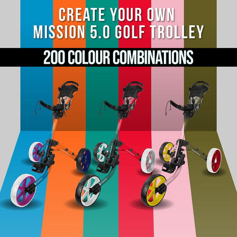 A golf trolley is displayed in three color variations on a vibrant striped background showcasing customization options with a text banner highlighting the ability to create your own Mission 5.0 golf trolley with 200 color combinations