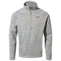 A gray quarter-zip fleece pullover stands upright showcasing textured fabric and long sleeves with a zippered neckline for adjustable warmth in casual or outdoor settings.