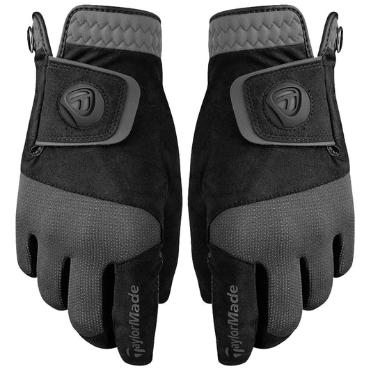 Two black golf gloves are displayed with a velcro strap showing the brand TaylorMade on the wrist area the gloves feature a fingerless design with a textured material for grip