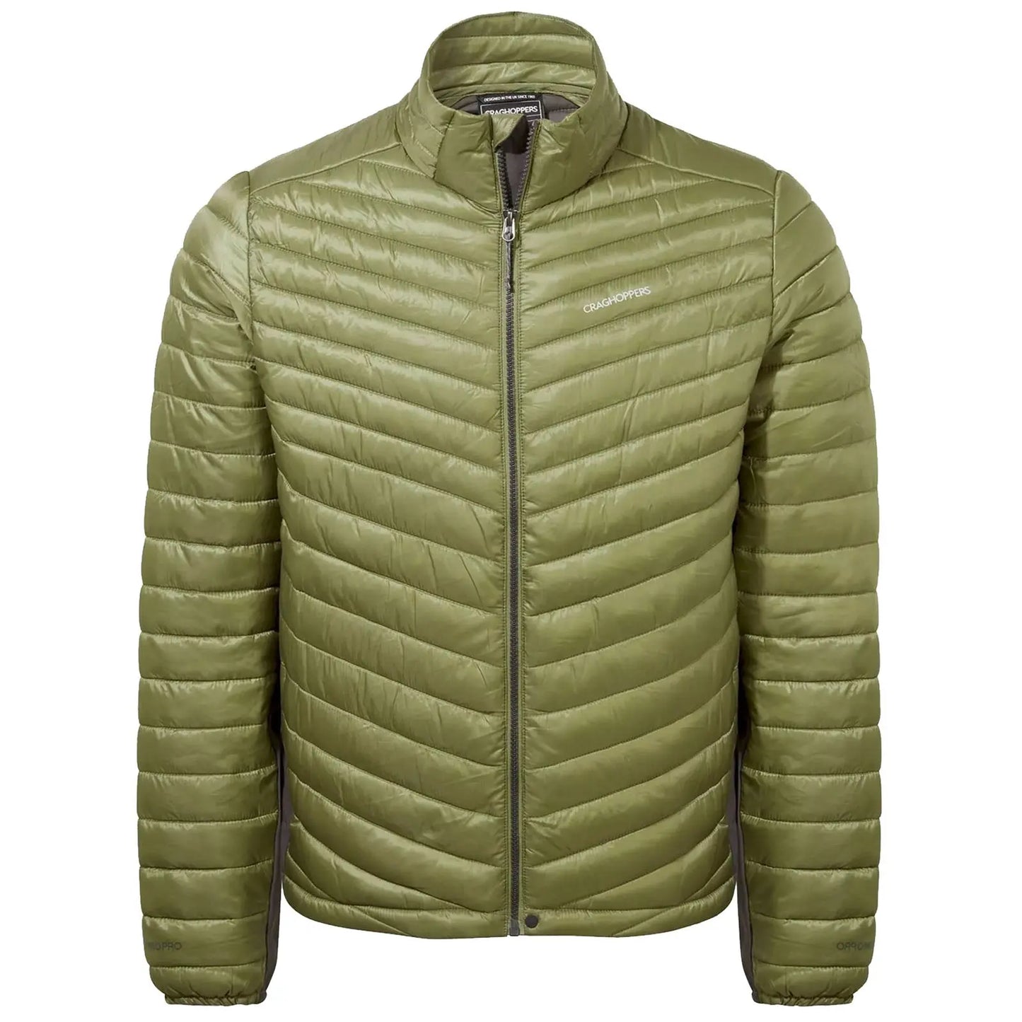A green puffer jacket is displayed with a zippered front and a high collar. It features horizontal quilted sections and is designed for warmth in outdoor conditions.