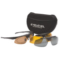 Sunglasses with interchangeable lenses are displayed next to a protective case The lenses include tinted options for various lighting conditions suggesting versatility for outdoor activities