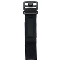 A black strap features a plastic buckle at the top and a smooth rectangular area in the middle for labeling or attachment while lying flat against a plain background.