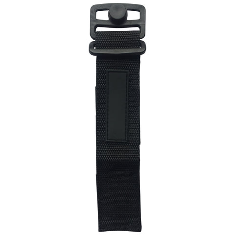 A black strap features a plastic buckle at the top and a smooth rectangular area in the middle for labeling or attachment while lying flat against a plain background.