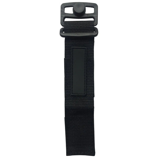 A black strap features a plastic buckle at the top and a smooth rectangular area in the middle for labeling or attachment while lying flat against a plain background.