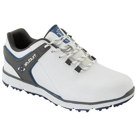 A white athletic shoe with gray and blue accents is positioned at an angle showcasing its laces and spiked sole designed for traction on grass or turf.