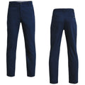 Navy blue trousers are displayed from the front and back showcasing a fitted design with a button closure front and two back pockets suitable for casual or formal wear.