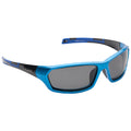 A pair of blue sunglasses with dark lenses rests against a plain white background showcasing their angular design and sporty style ideal for outdoor activities and sun protection.