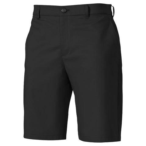 A pair of black shorts is displayed front-facing, featuring a button at the waistband and side pockets, suitable for casual or outdoor wear in a variety of settings.