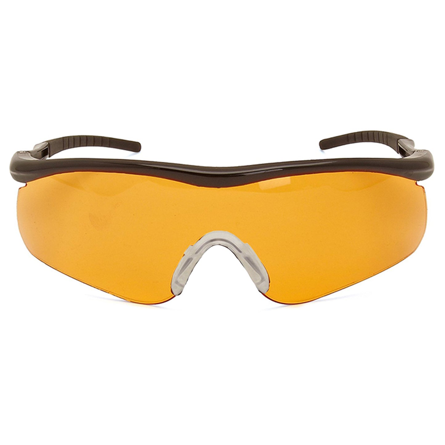 Protective sunglasses feature a large, orange tinted lens with a curved design. They are positioned with the temples resting outward, suggesting readiness for outdoor use in bright conditions.