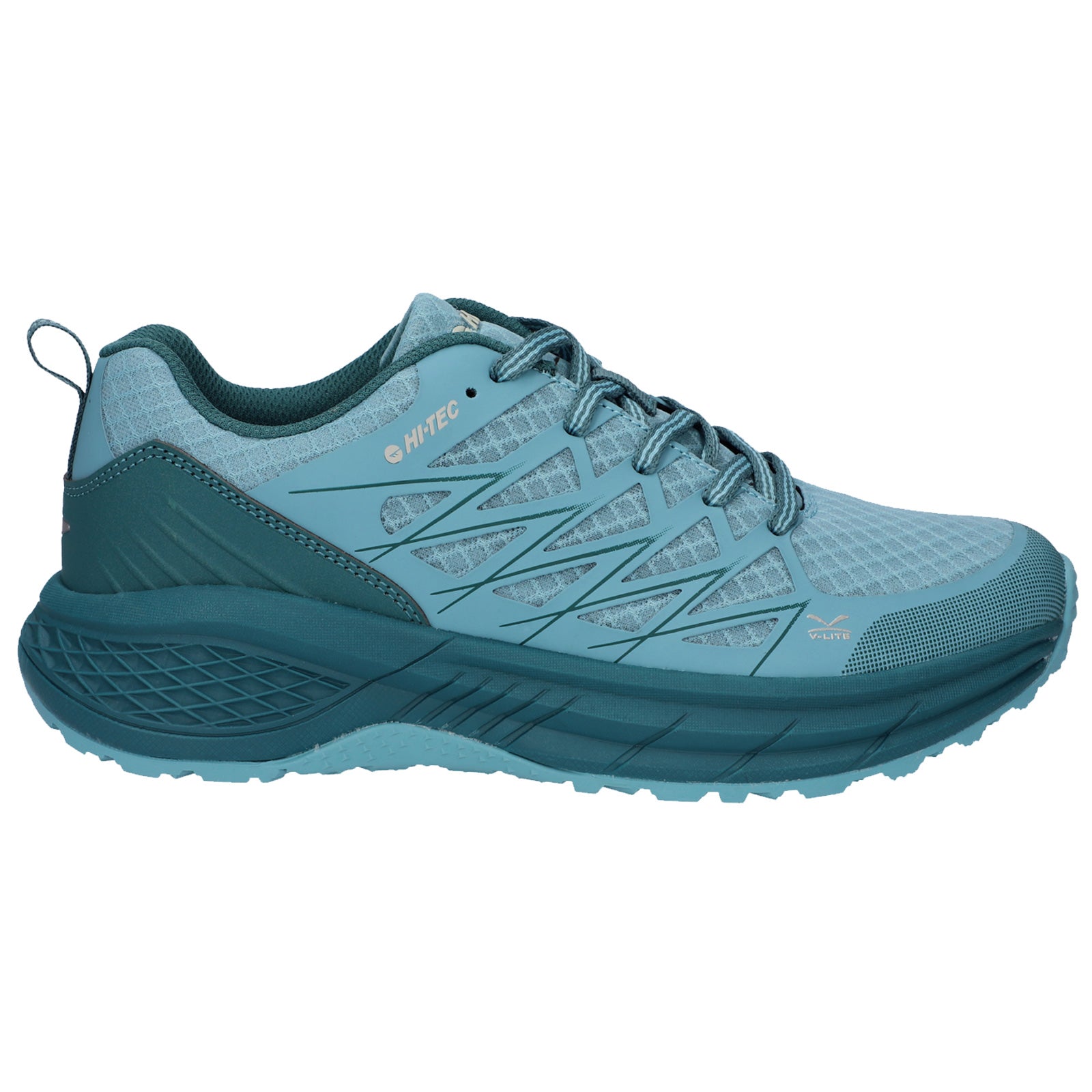 A light blue athletic shoe features a textured upper with angular designs and a cushioned sole designed for comfort and support in outdoor activities, positioned against a plain background.