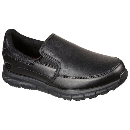 A black slip-on shoe features a textured leather surface and a cushioned sole designed for comfort and support suitable for casual or workplace environments.
