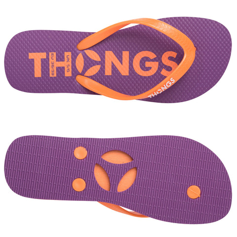 A pair of purple flip-flops features contrasting orange straps and text on the soles indicating size and brand the design is simple and suitable for casual wear